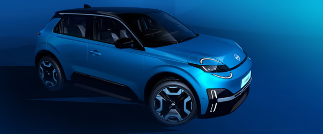 Nissan Micra elettrica 2025 vista laterale blu