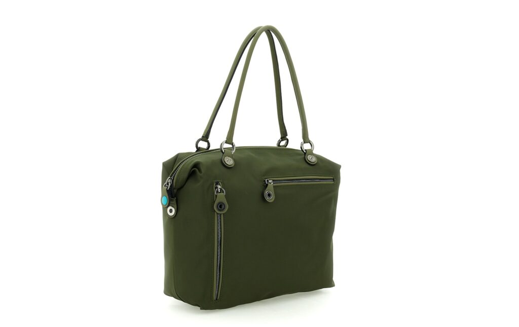 Borsa Gabs Workmate verde nella forma compatta, con fianchi ripiegati, doppi manici e tasche frontali con zip.