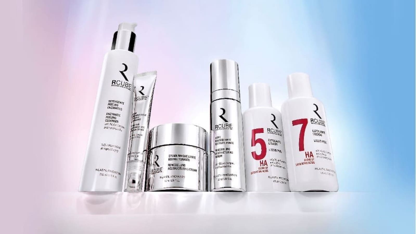 Gamma Rilastil RCUBE con detergente, trattamenti viso, esfolianti liquidi e contorno occhi