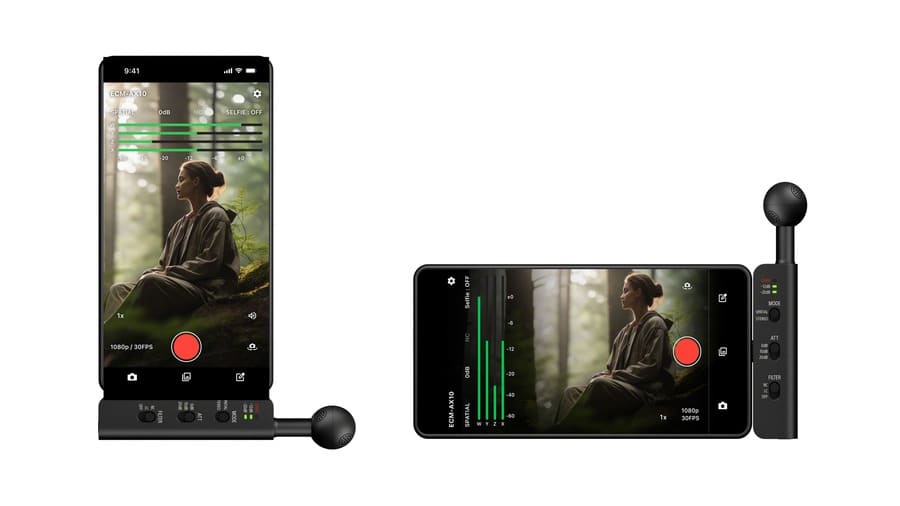 Sony ECM-AX10 collegato a uno smartphone in posizione verticale e orizzontale
