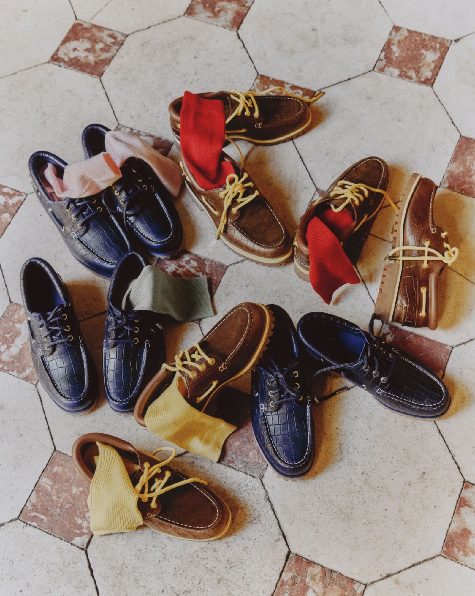 Scarpe Timberland x Jacquemus Authentic Boat Shoe in Brown Croc e Navy Croc
