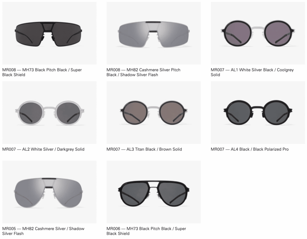 Occhiali MYKITA RIMOWA: due varianti della visiera MR008, quattro montature rotonde MR007 e le nuove colorazioni di MR005 e MR006.